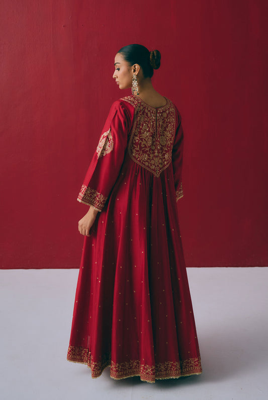Crimson Chanderi Silk Anarkali with Zari & Aari Embroidery