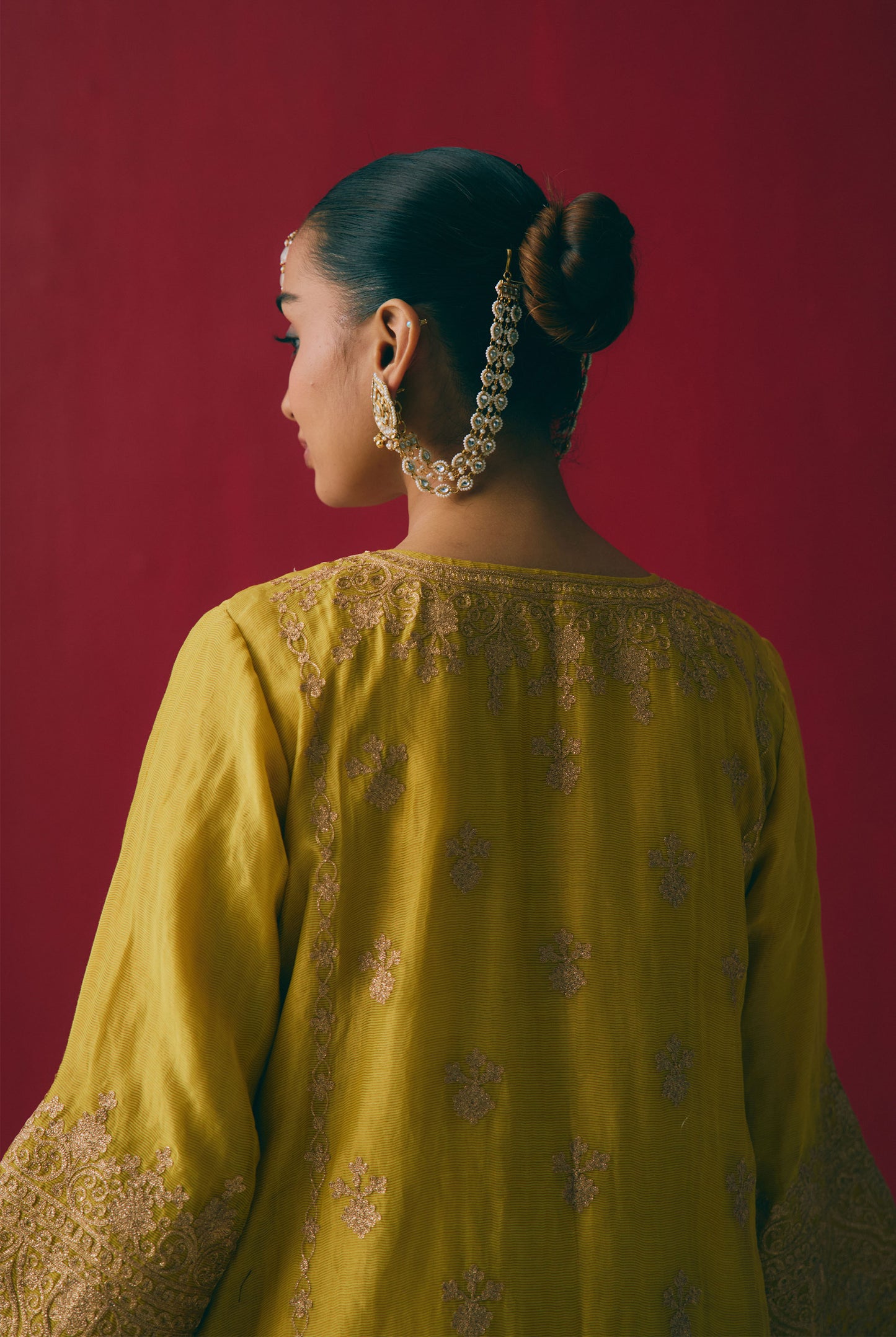 Yellow Tissue Chanderi Kurta Set with Aari & Pitta Embroidery