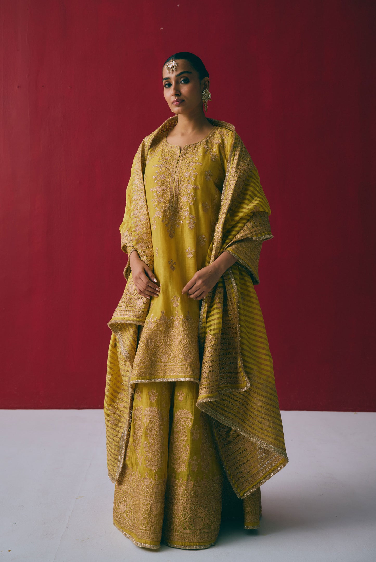 Yellow Tissue Chanderi Kurta Set with Aari & Pitta Embroidery