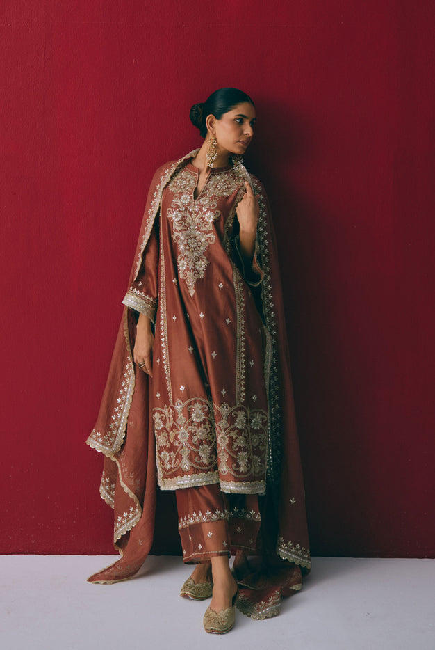 Cinnamon Chanderi Silk Kurta Set with Dori & Gota Embroidery
