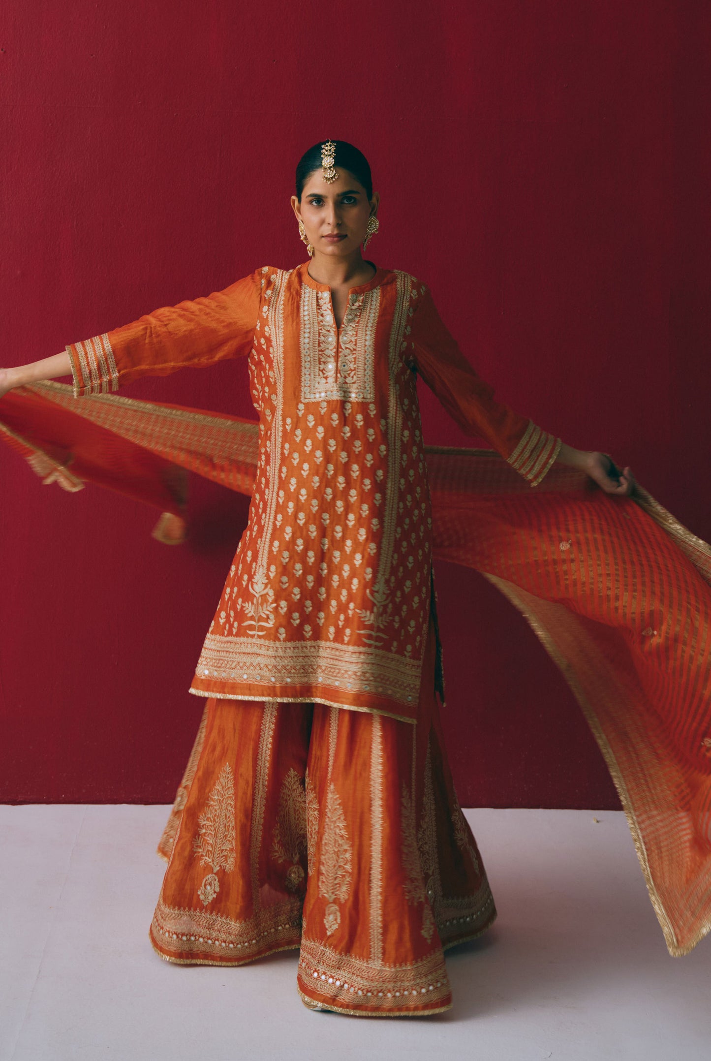 Rust Orange Tissue Chanderi Kurta Set with Ari & Pita Embroidery