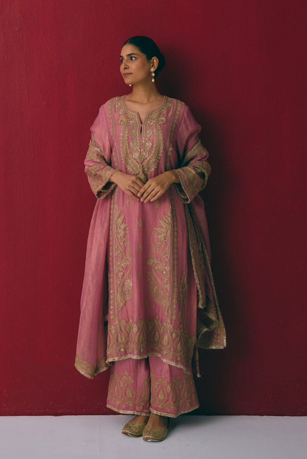 Dusty Rose Tissue Maheshwari Kurta Set with Dabka Embroidery