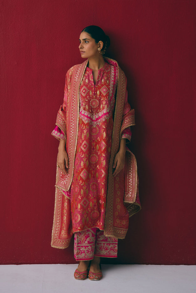 Red & Pink Banarasi Georgette Kurta Set with Dabka & Gota Embroidery