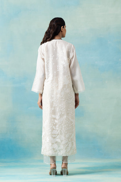 White Tone-on-Tone Silk Organza Kurta Set