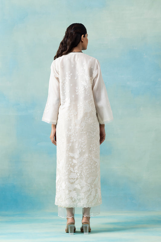 White Tone-on-Tone Silk Organza Kurta Set
