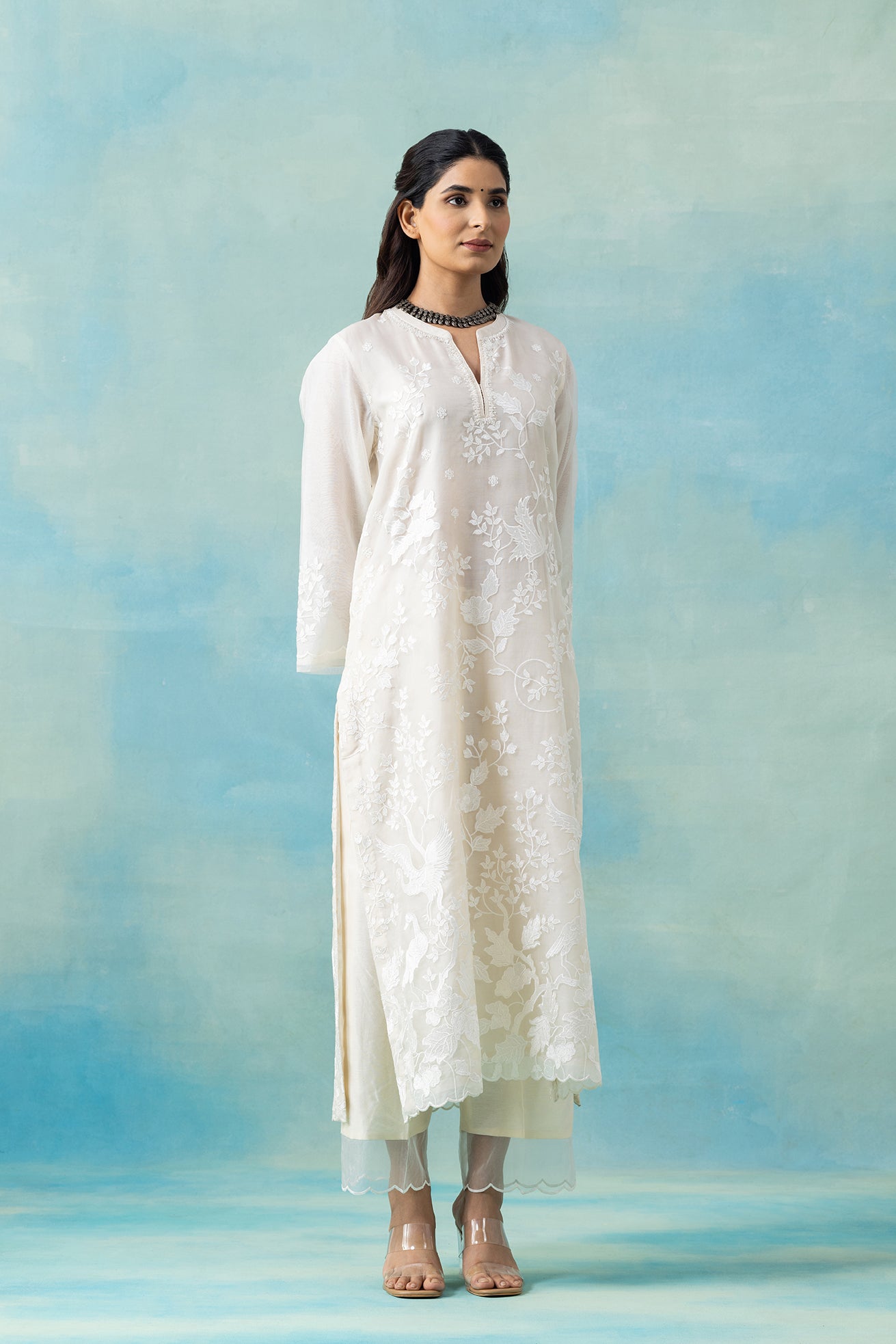 White Tone-on-Tone Silk Organza Kurta Set