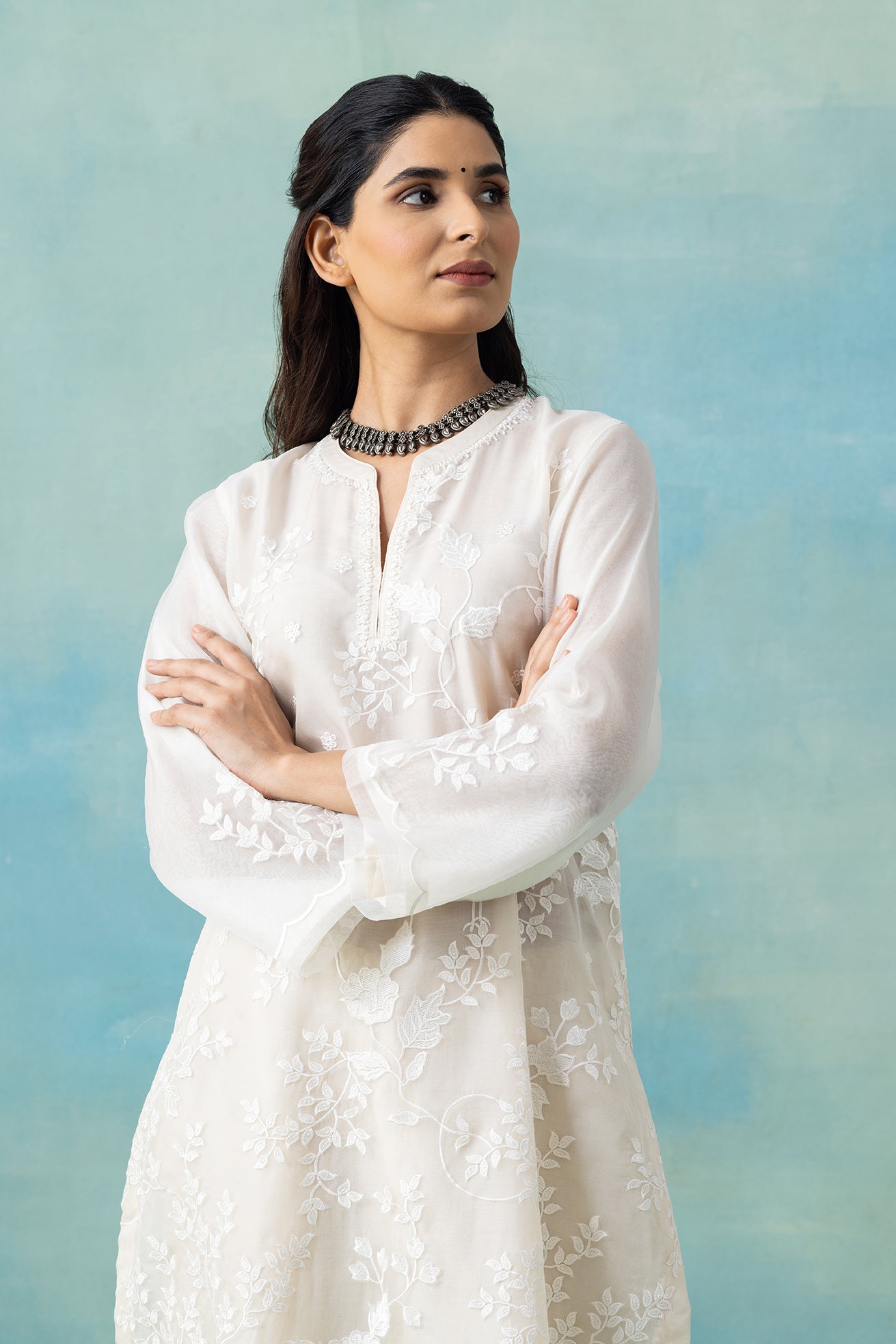 White Tone-on-Tone Silk Organza Kurta Set