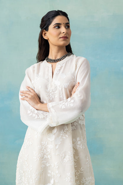 White Tone-on-Tone Silk Organza Kurta Set