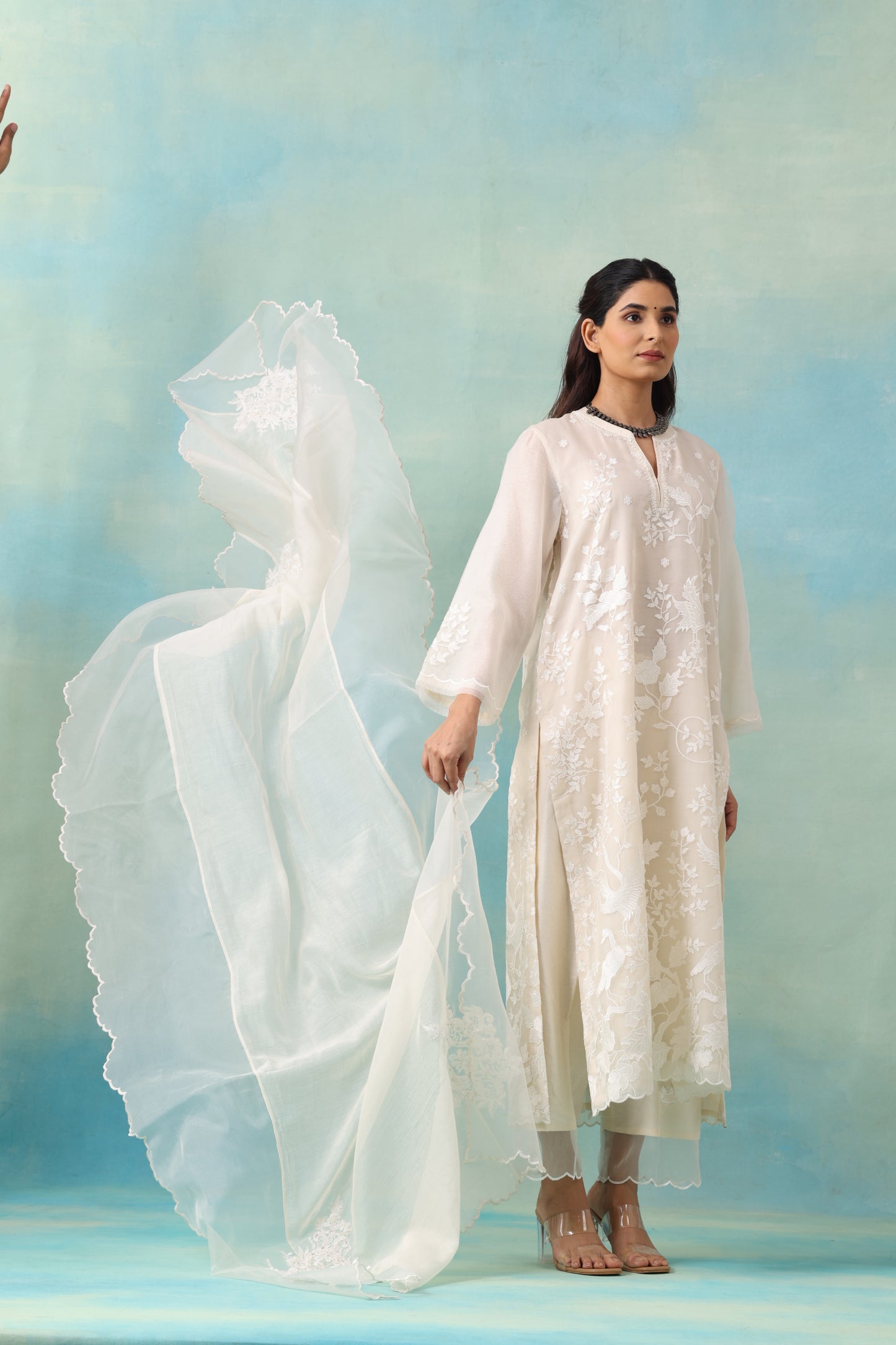 White Tone-on-Tone Silk Organza Kurta Set