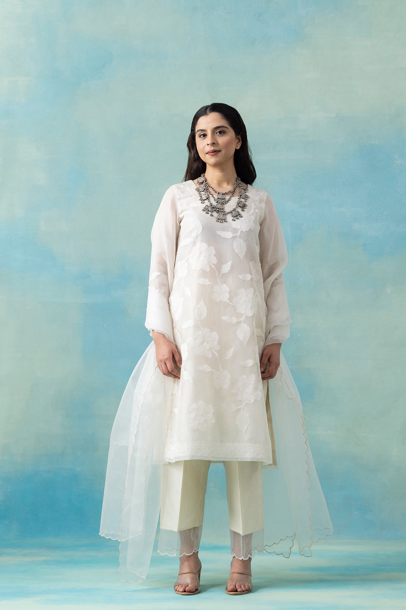 White Silk Organza Floral Kurta Set
