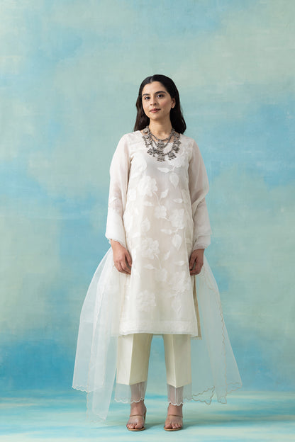 White Silk Organza Floral Kurta Set