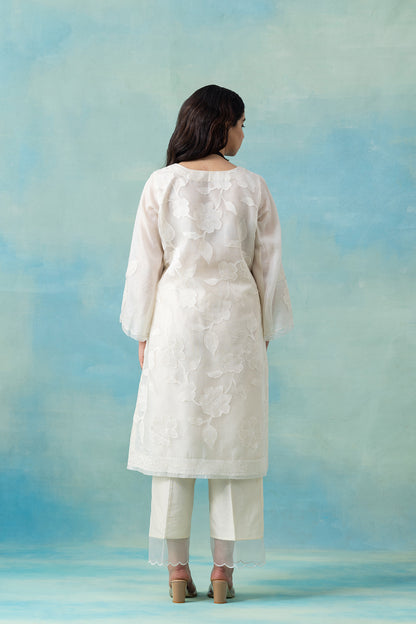 White Silk Organza Floral Kurta Set