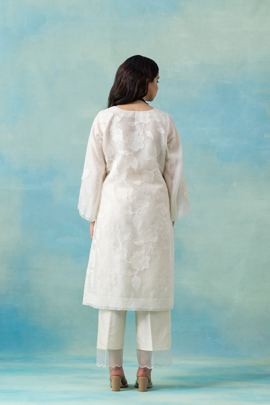 White Silk Organza Floral Kurta Set