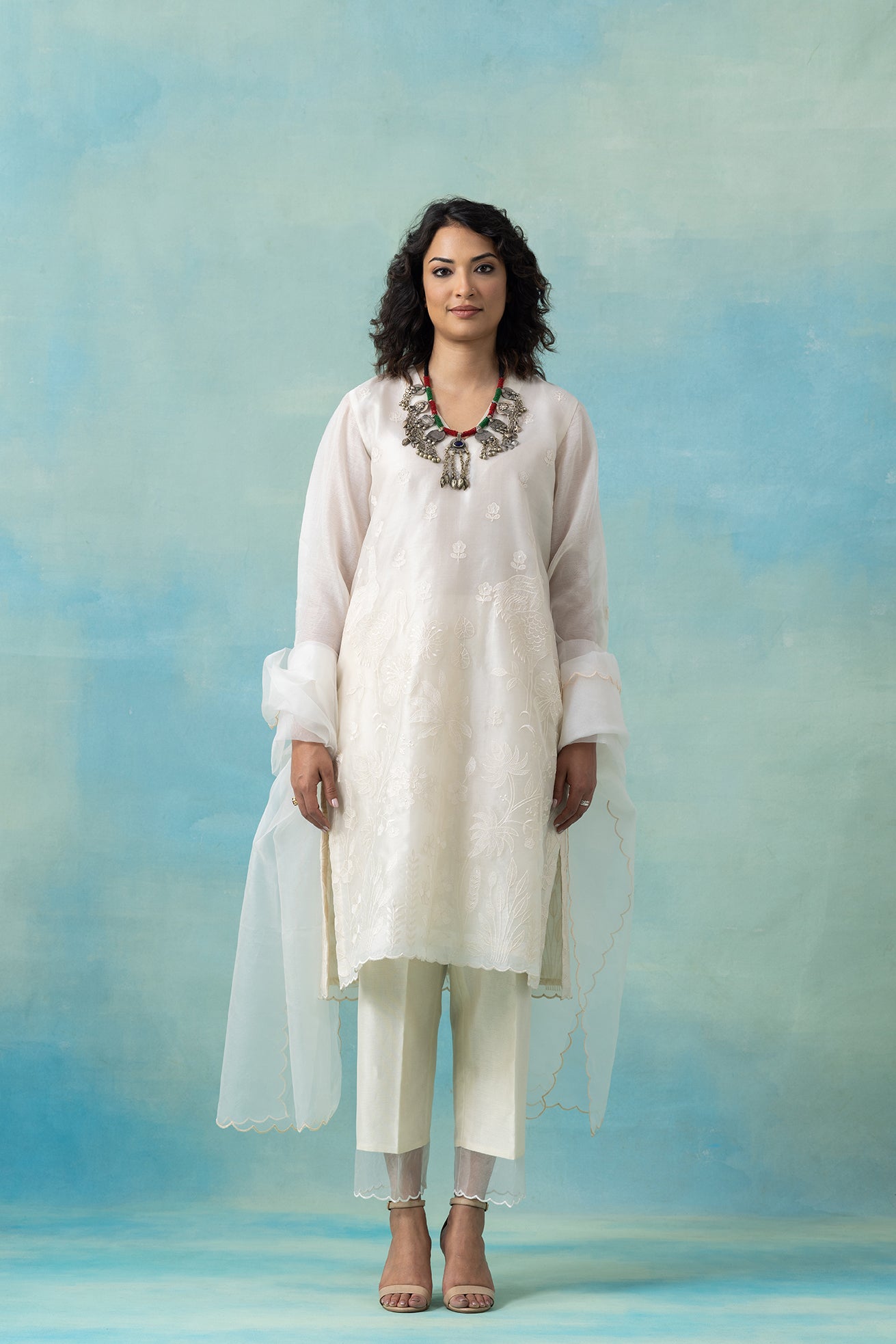 White Silk Organza Kurta Set