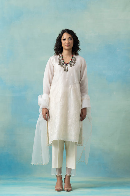 White Silk Organza Kurta Set