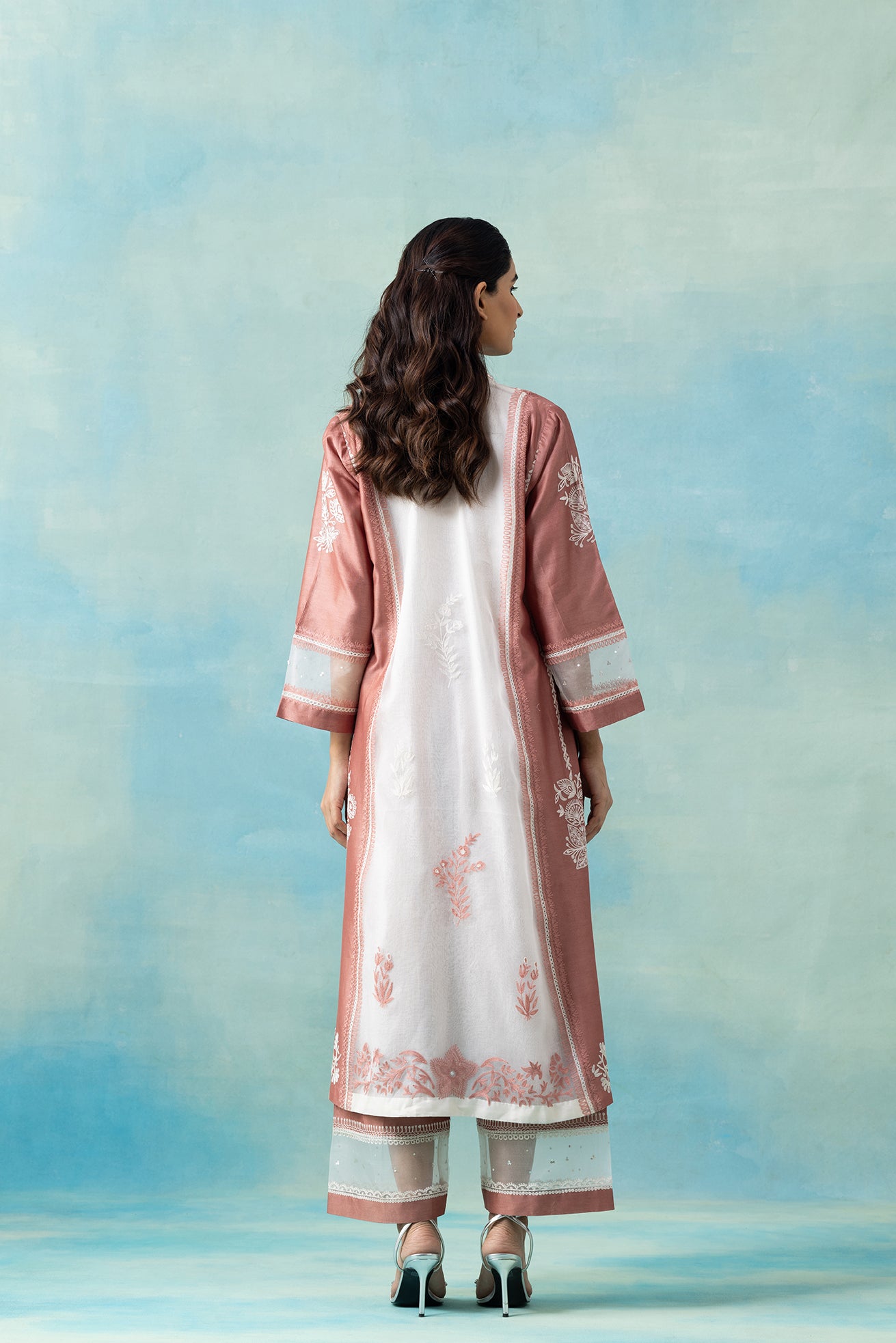 Peach & White Organza Maheshwari Kurta Set