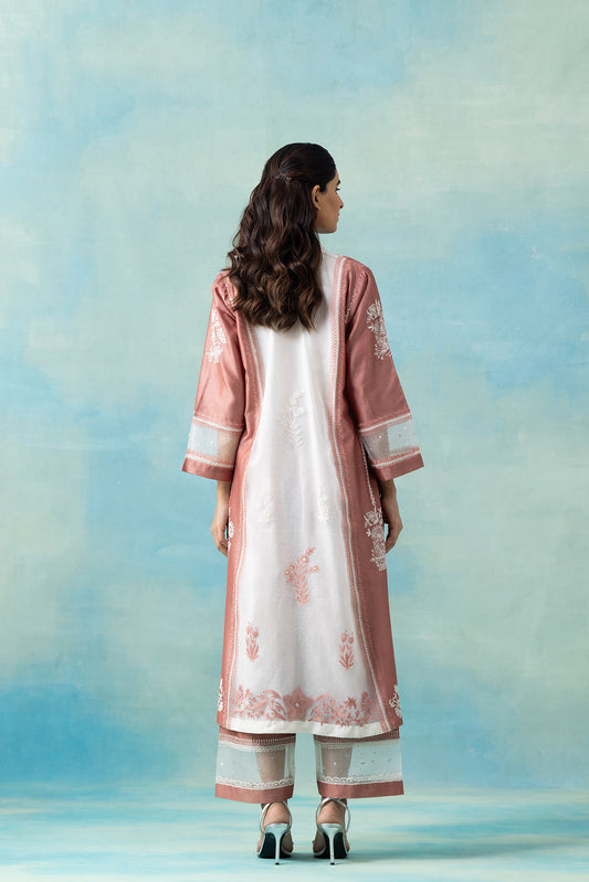 Peach & White Organza Maheshwari Kurta Set