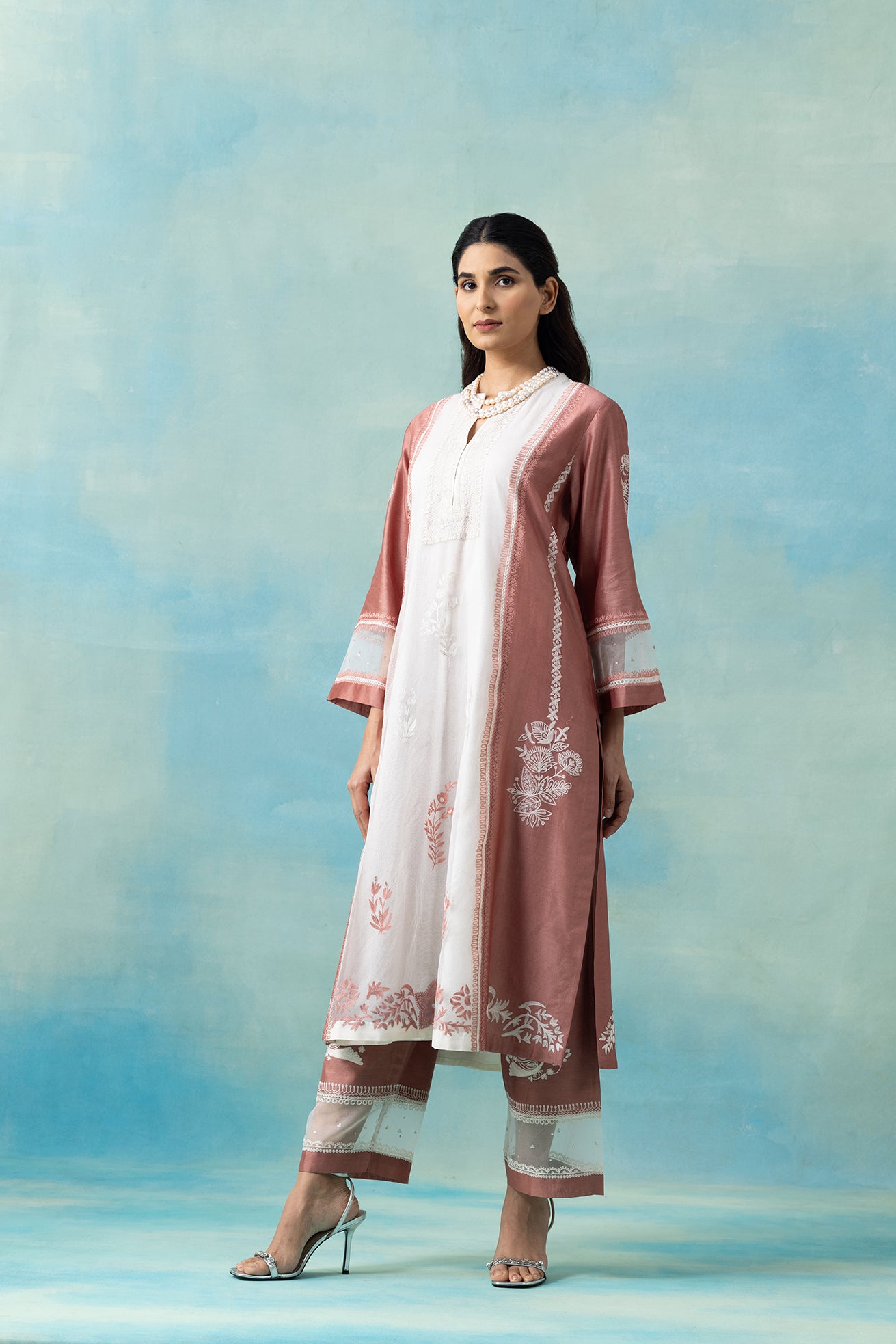 Peach & White Organza Maheshwari Kurta Set