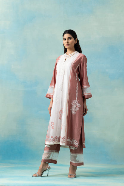 Peach & White Organza Maheshwari Kurta Set