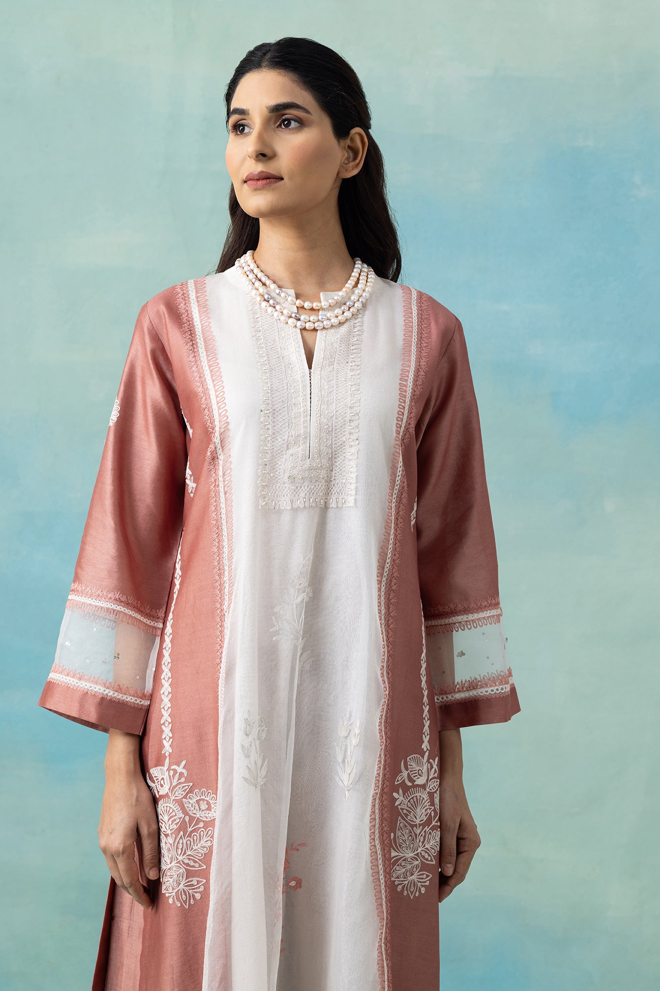 Peach & White Organza Maheshwari Kurta Set