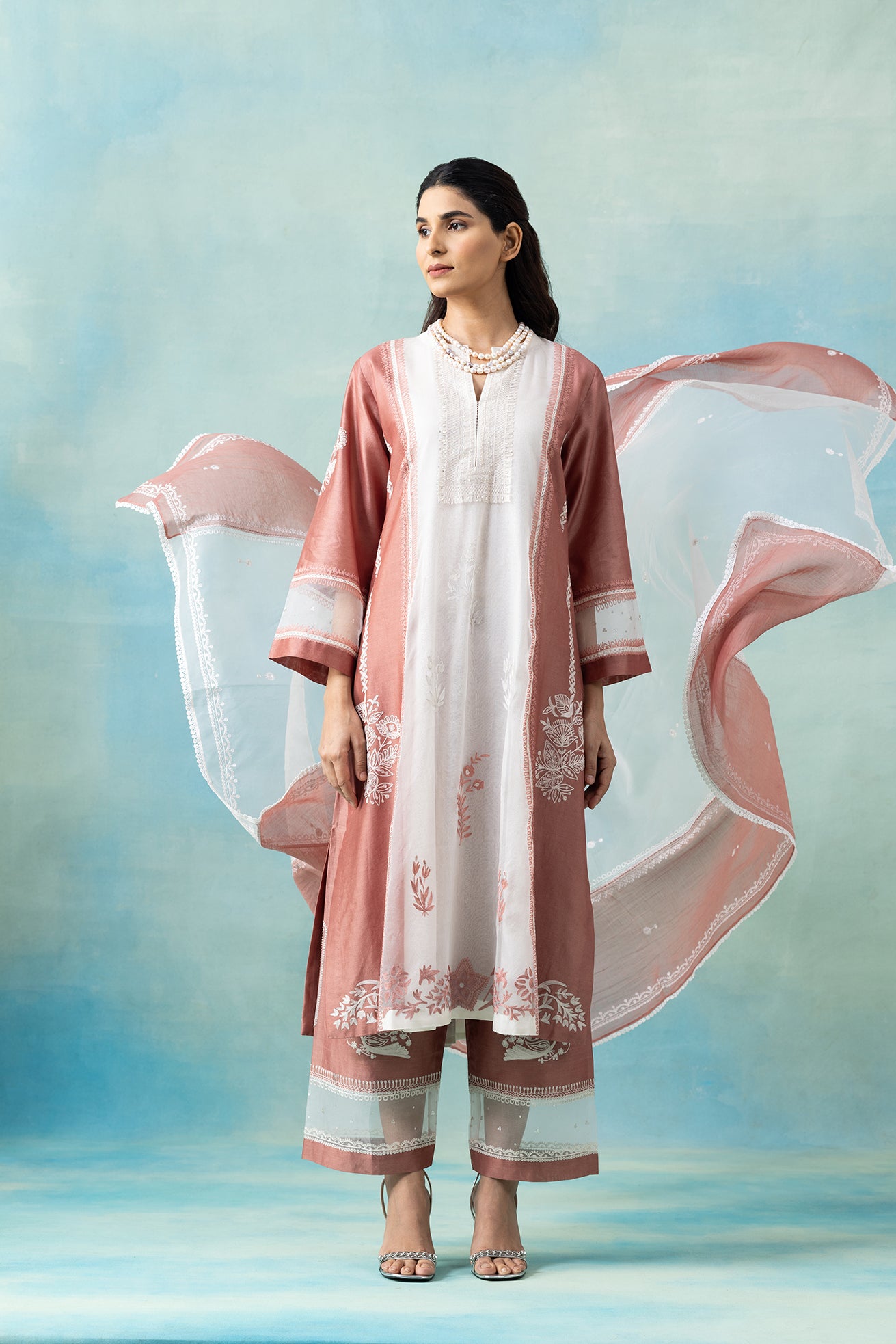 Peach & White Organza Maheshwari Kurta Set