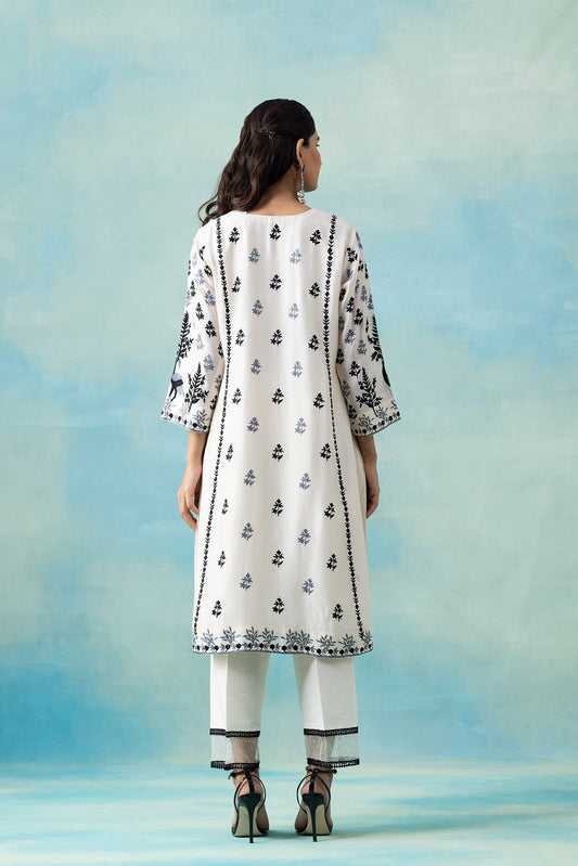 White Maheshwari Kurta Set with Midnight Blue Botanical Embroidery