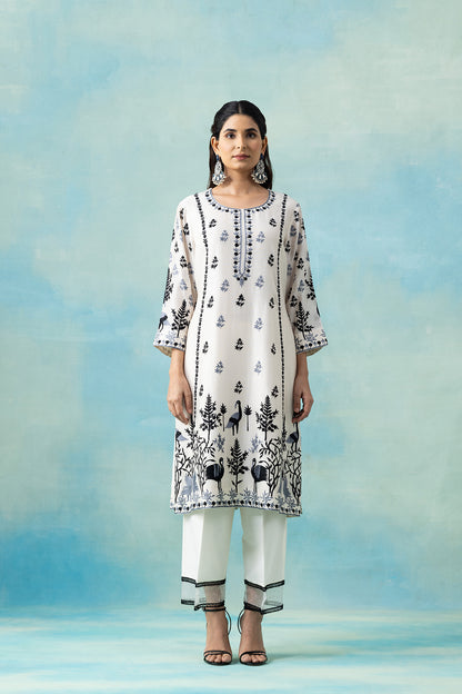 White Maheshwari Kurta Set with Midnight Blue Botanical Embroidery