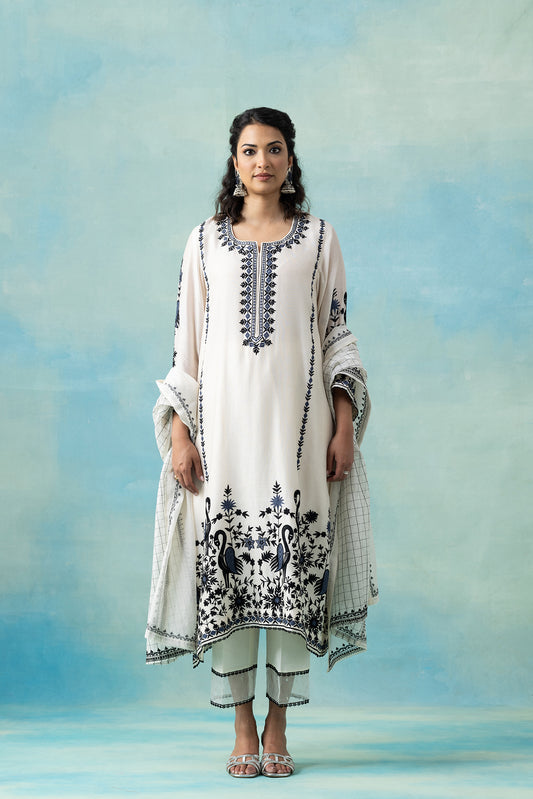 Off-White Maheshwari Kurta Set with Navy Bird & Floral Embroidery