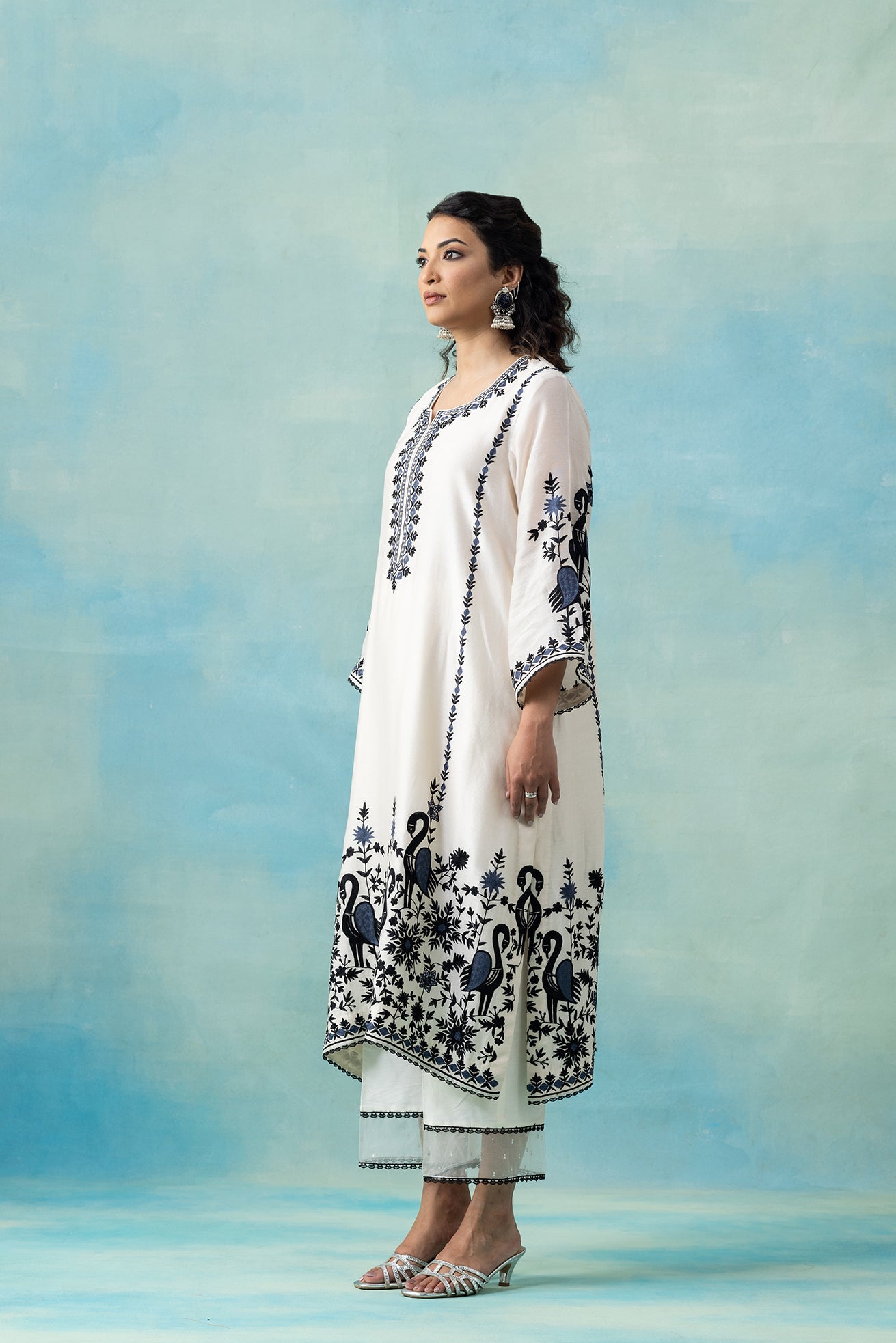 Off-White Maheshwari Kurta Set with Navy Bird & Floral Embroidery