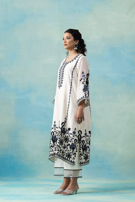 Off-White Maheshwari Kurta Set with Navy Bird & Floral Embroidery