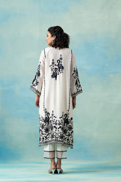 Off-White Maheshwari Kurta Set with Navy Bird & Floral Embroidery