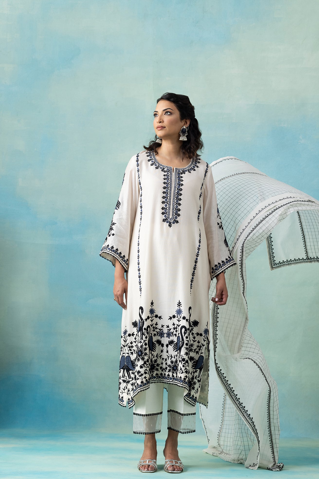 Off-White Maheshwari Kurta Set with Navy Bird & Floral Embroidery