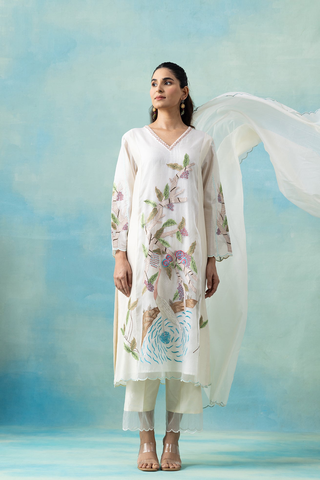 Off-White Maheshwari Kurta Set with Multicolour Botanical Embroidery