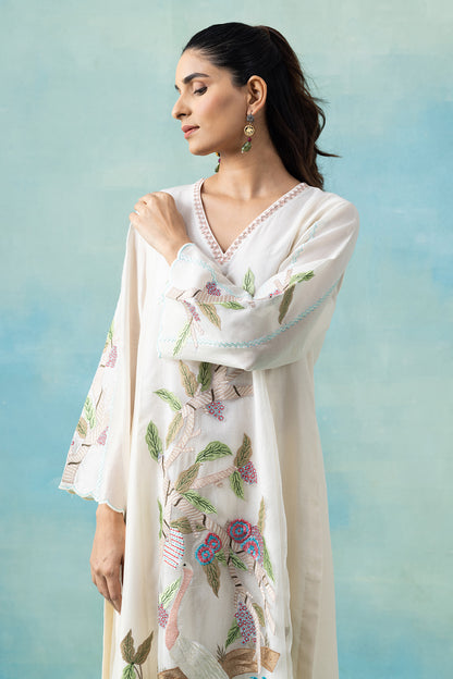 Off-White Maheshwari Kurta Set with Multicolour Botanical Embroidery