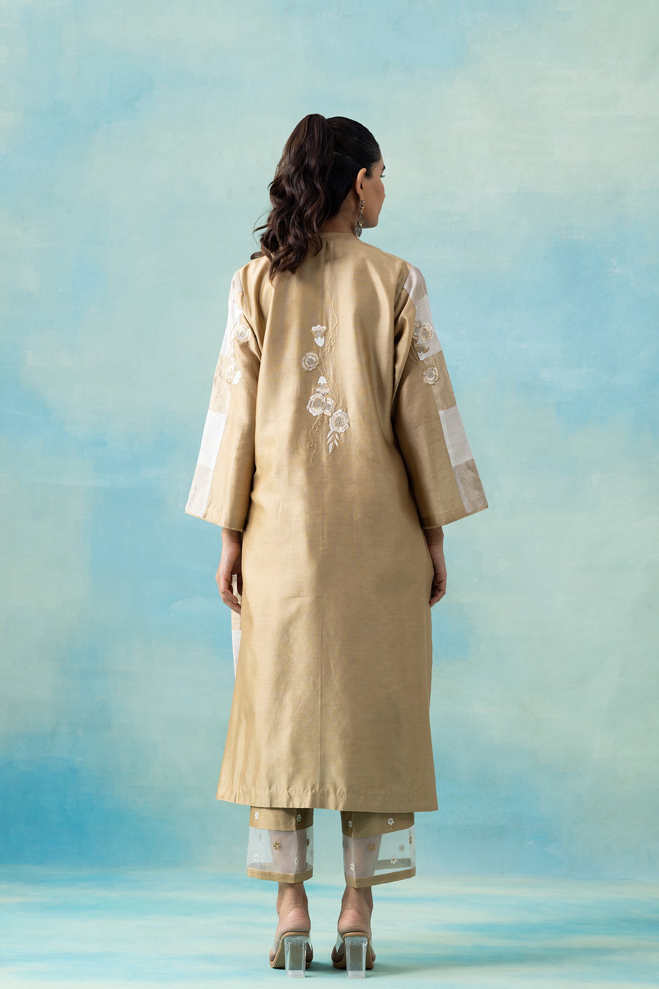 Warm Beige Maheshwari Kurta Set with Thread Embroidery