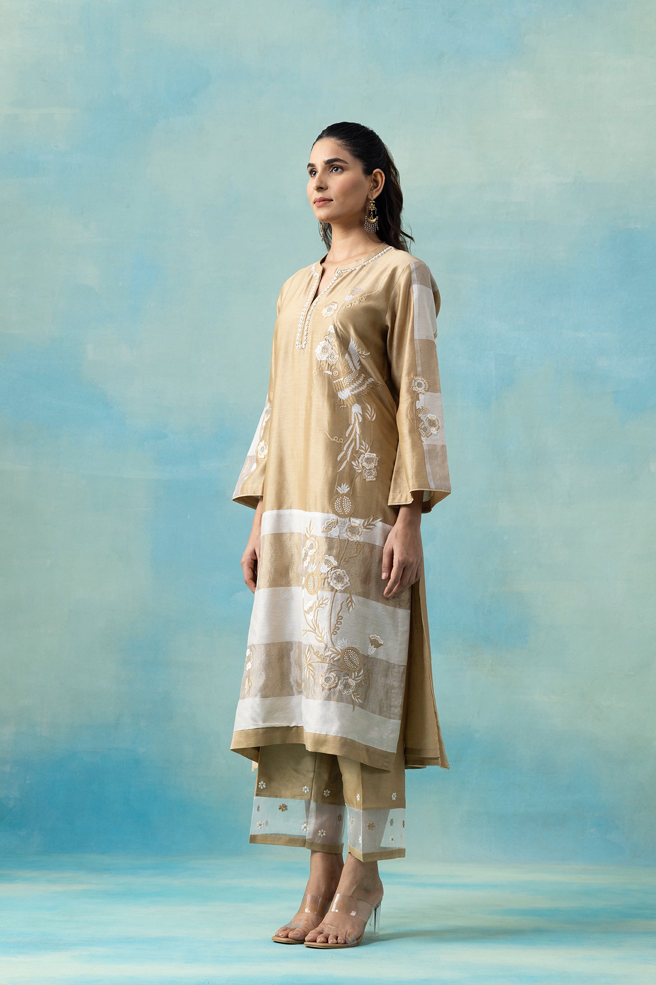 Warm Beige Maheshwari Kurta Set with Thread Embroidery