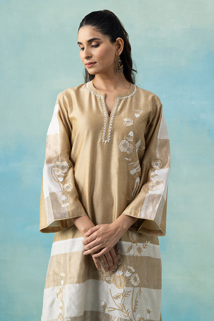 Warm Beige Maheshwari Kurta Set with Thread Embroidery