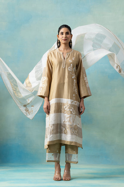 Warm Beige Maheshwari Kurta Set with Thread Embroidery