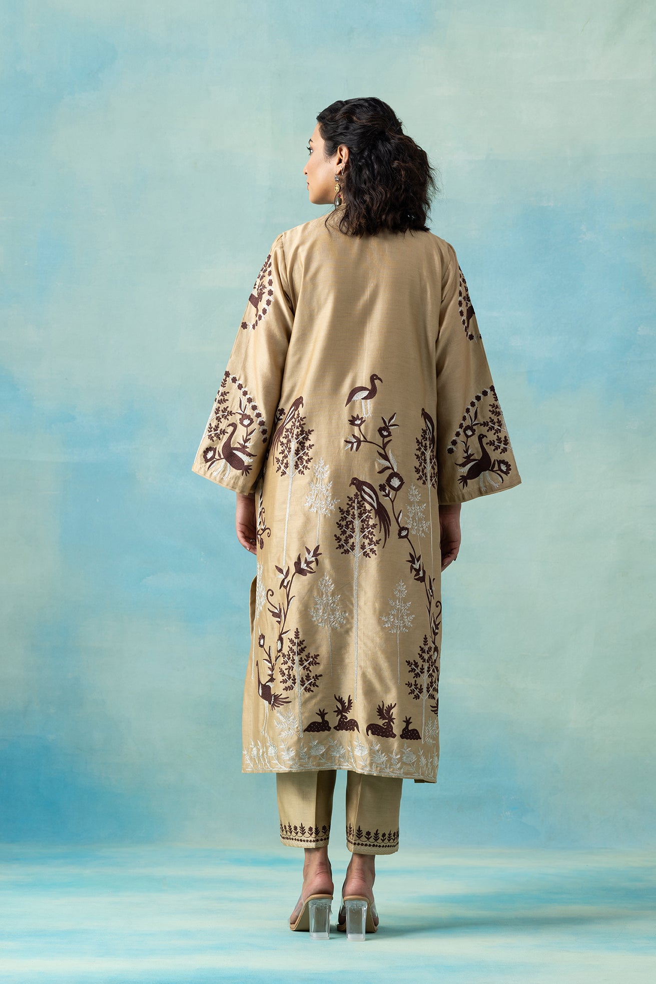 Hazelnut Maheshwari Kurta Set with Bird & Botanical Embroidery