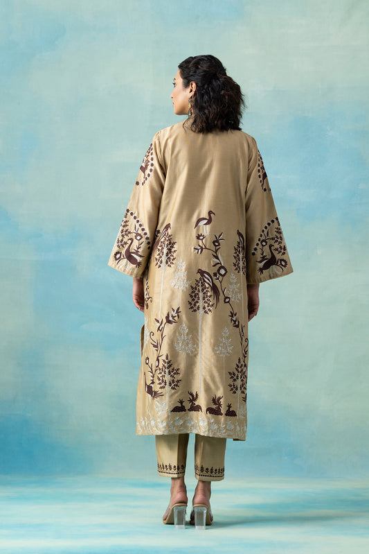 Hazelnut Maheshwari Kurta Set with Bird & Botanical Embroidery