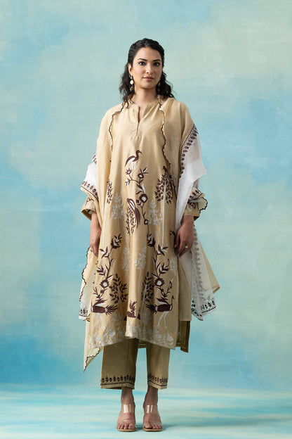 Hazelnut Maheshwari Kurta Set with Bird & Botanical Embroidery