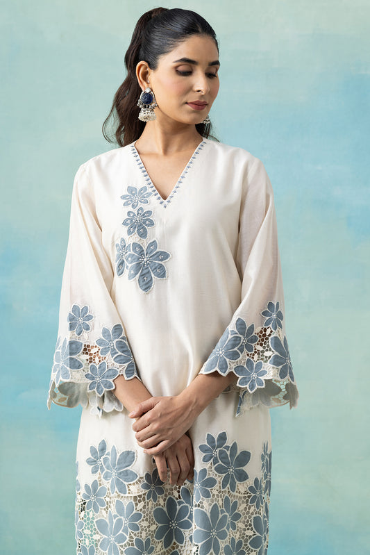 White Maheshwari Kurta Set with Ocean Blue Cutwork