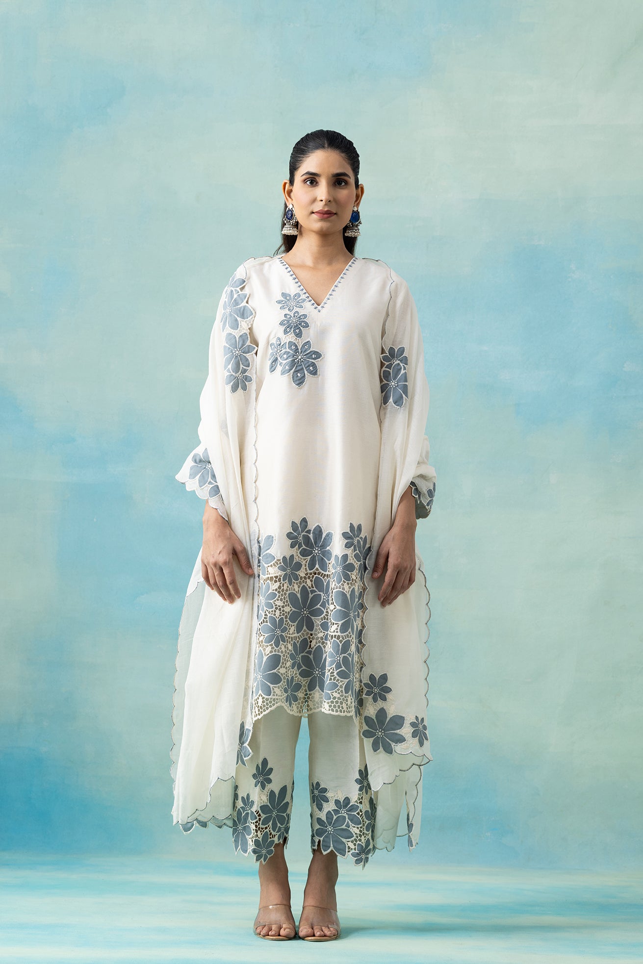 White Maheshwari Kurta Set with Ocean Blue Cutwork