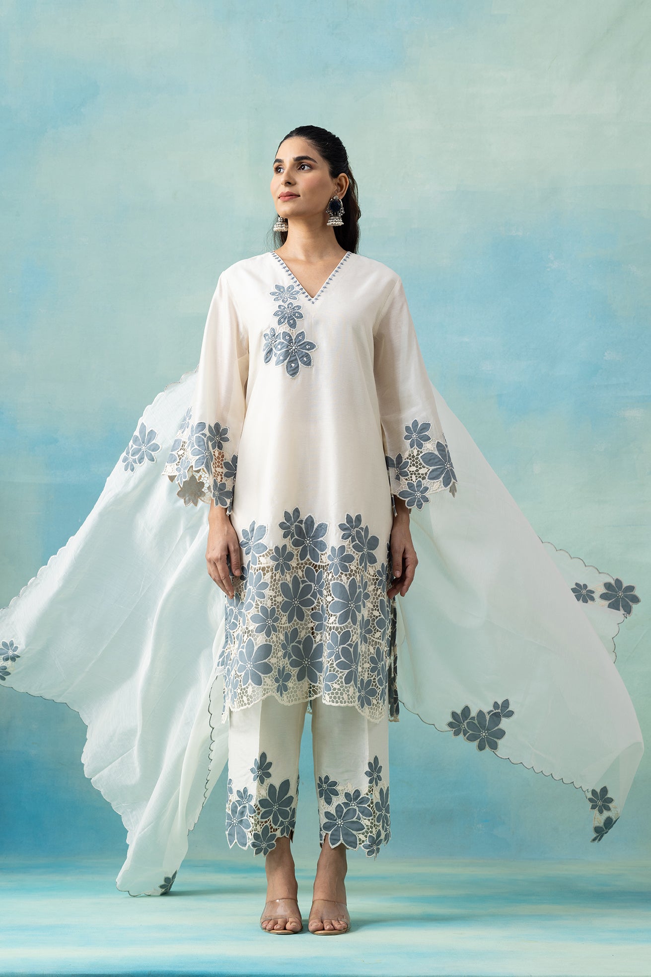 White Maheshwari Kurta Set with Ocean Blue Cutwork