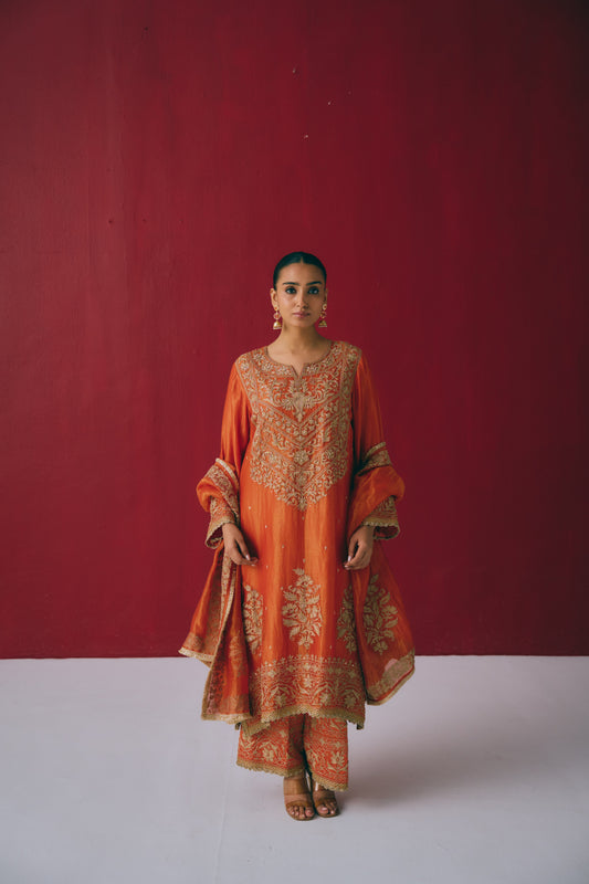 Burnt Orange Tissue Chanderi Kurta Set with Dori & Dabka Embroidery