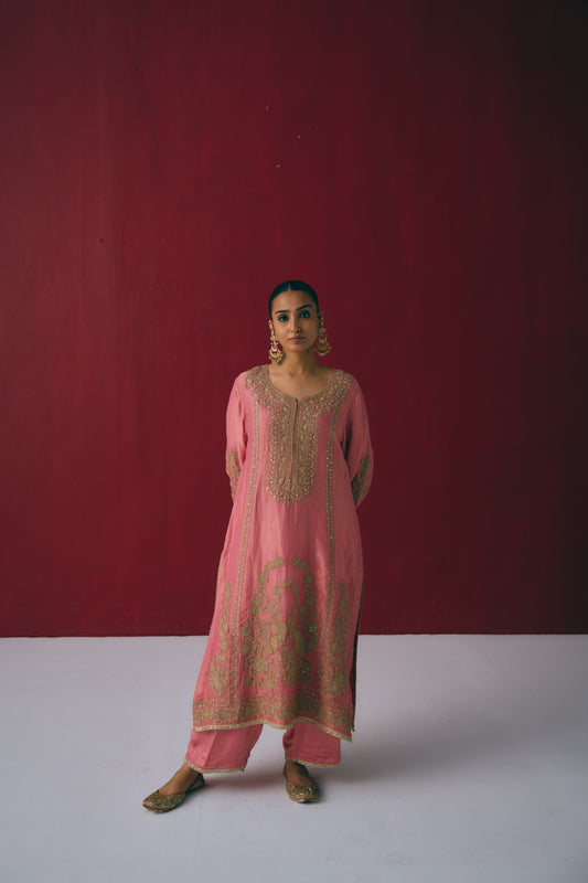 Coral Tissue Maheshwari Kurta Set with Dori & Dabka Embroidery
