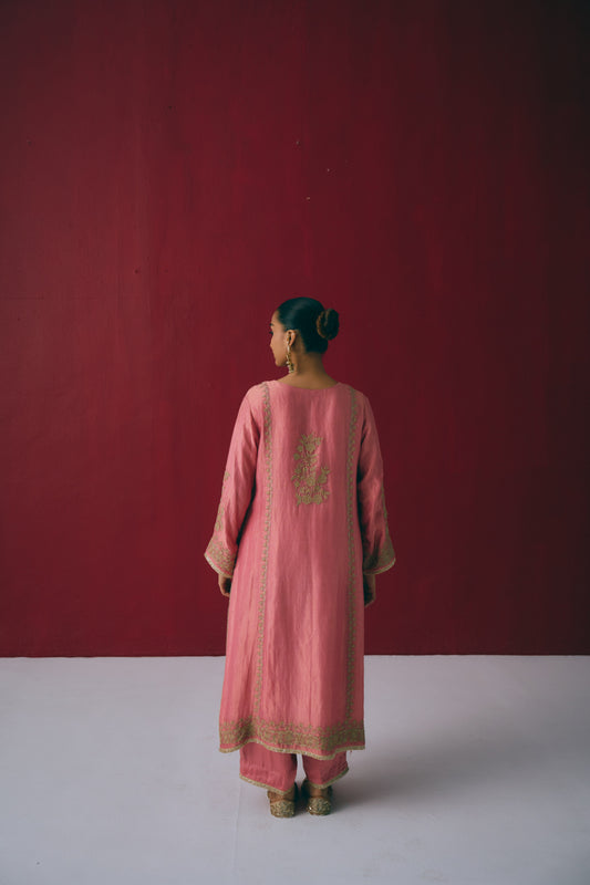 Coral Tissue Maheshwari Kurta Set with Dori & Dabka Embroidery