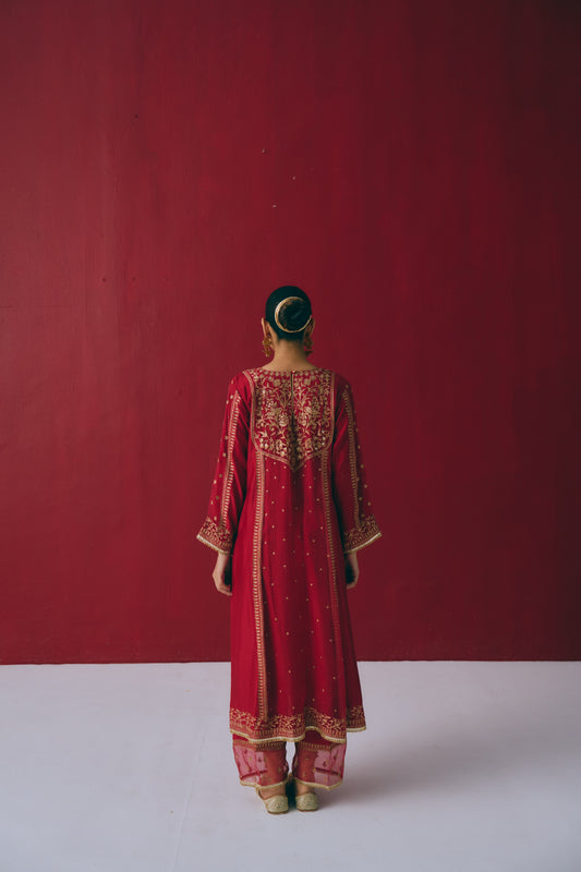 Crimson Chanderi Kurta Set with Zari & Aari Embroidery
