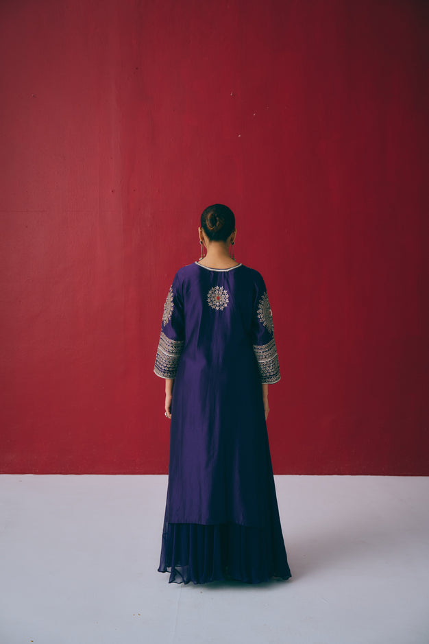 Indigo Silk Kurta Set with Beads, Gota & Zardozi Embroidery