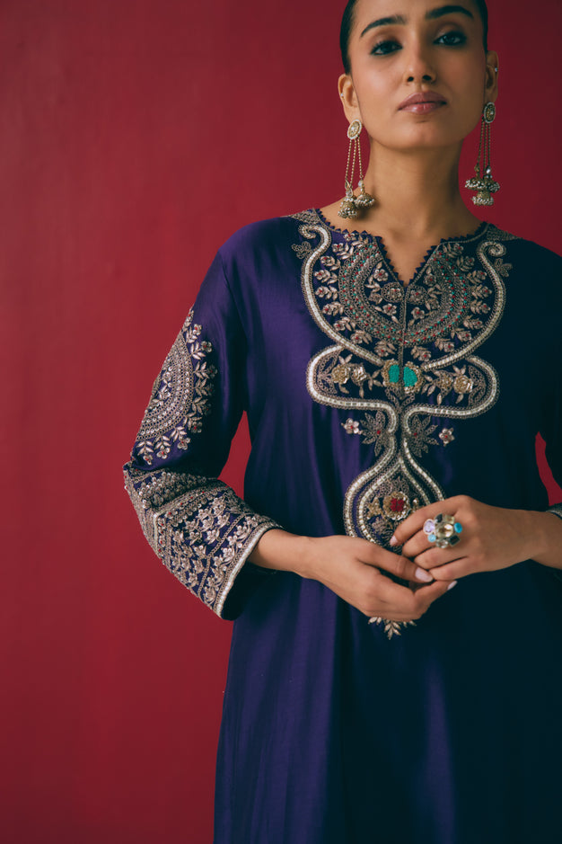 Indigo Silk Kurta Set with Beads, Gota & Zardozi Embroidery